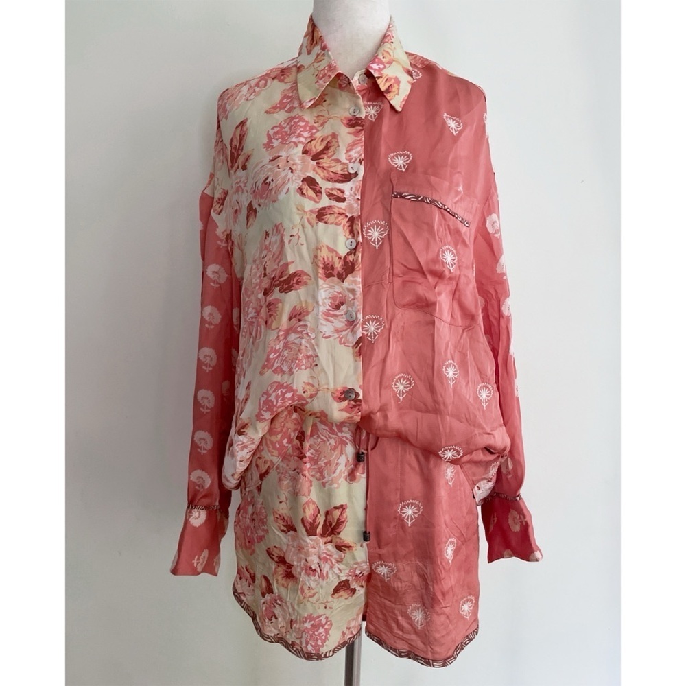 SET ZARA Silia Floral Printed Embroidered Silky Drawstring Short Blouse Set XS - Picture 2 of 13